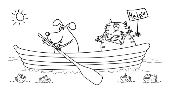 犬と船に乗って、黒-白猫を描く — ストックベクタ