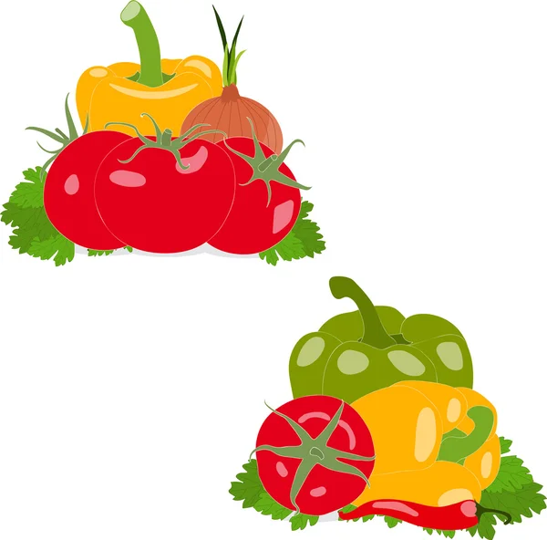 Ayarla domates, biber, kırmızı biber, soğan, biber, maydanoz yaprakları — Stok Vektör
