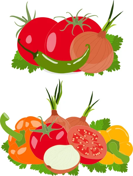 Set van tomaat, peper, paprika, ui, chili, peterselie bladeren — Stockvector