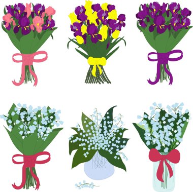 Iris ve lilyum vadi, buketler, vektör