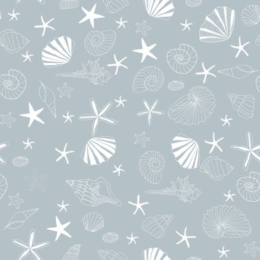 Deniz ve deniz yıldızı Dikişsiz desen vektör, gri arka plan