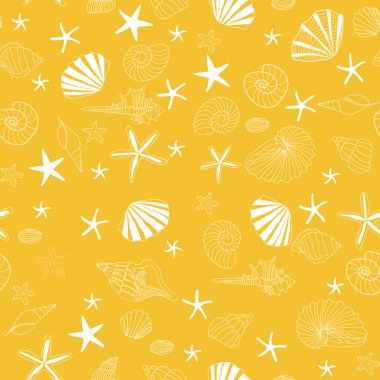Deniz ve deniz yıldızı Dikişsiz desen vektör, sarı arka plan