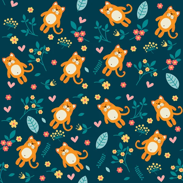 แมวสีส้มและดอกไม้ รูปแบบไร้เย็บ — ภาพเวกเตอร์สต็อก
