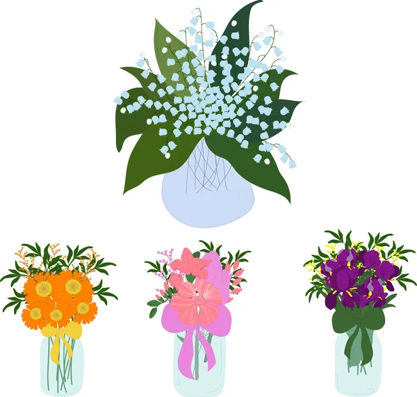 Pots ensemble, bouquet de lys en pot, illustration vectorielle — Image vectorielle