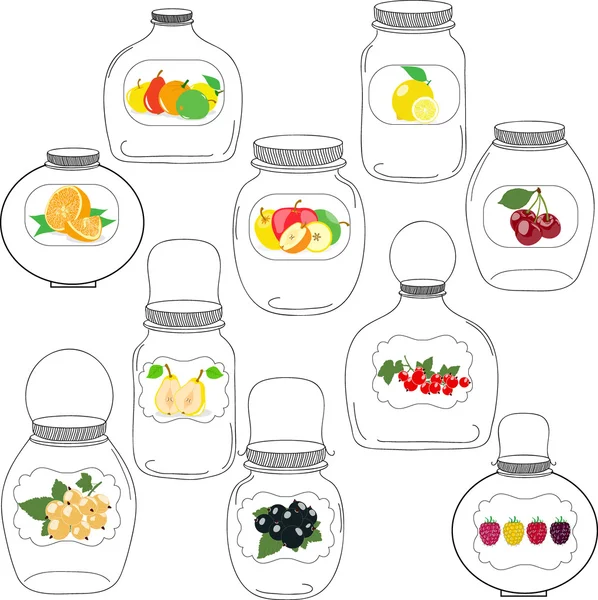Potten set, label met fruit en bessen, vectorillustratie — Stockvector