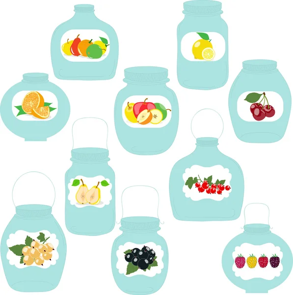 Potten set, label met fruit en bessen, vectorillustratie — Stockvector