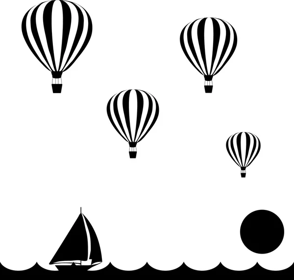 Aerostatos volando en el cielo sobre el mar al atardecer, velero — Vector de stock