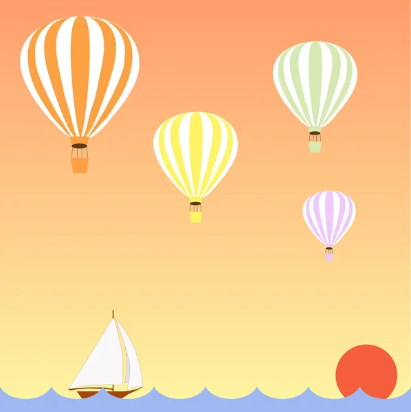夕暮れ、セーリング ボートを海上空を飛んで気球 — ストックベクタ