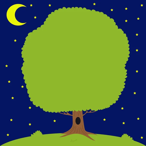 Πράσινο δέντρο στο Λιβάδι, φεγγάρι λάμπει — Διανυσματικό Αρχείο