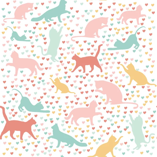 Cats and hearts, seamless pattern — Stock Vector