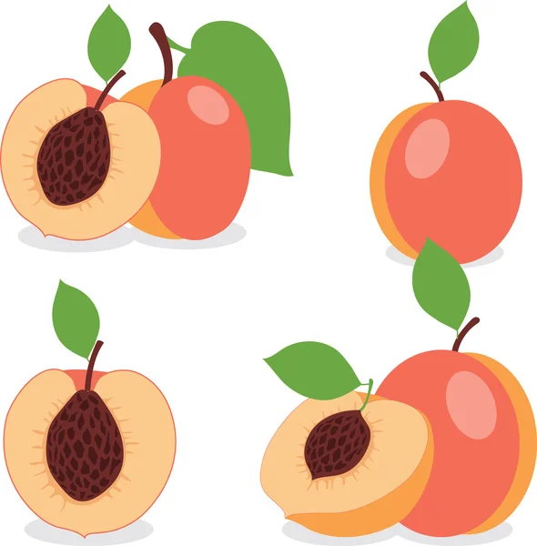 Peach. Ställa in persikor, bitar och skivor — Stock vektor