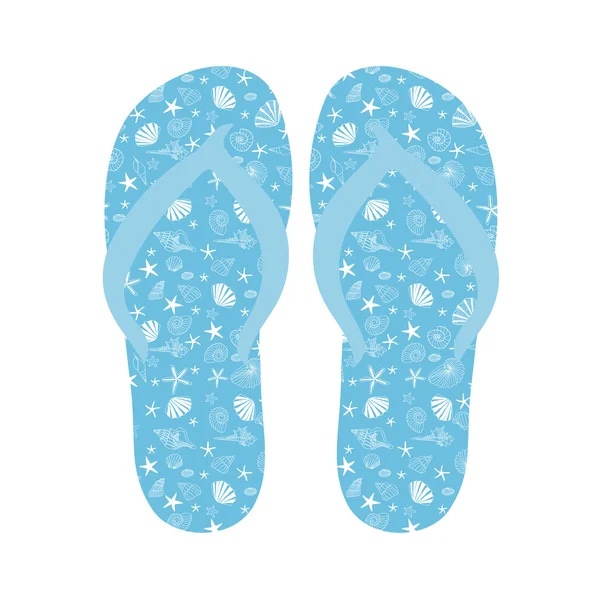 Chanclas, Zapatillas con patrón de concha sobre fondo azul — Vector de stock