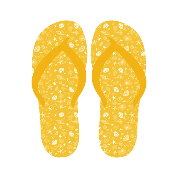 Flip flops, Slippers dengan pola kerang pada latar belakang kuning - Stok Vektor