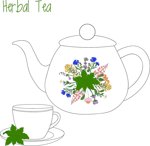 Τσαγιέρα με κούπες τσάι, βότανα, πράσινο, εικονογράφηση διάνυσμα — Διανυσματικό Αρχείο