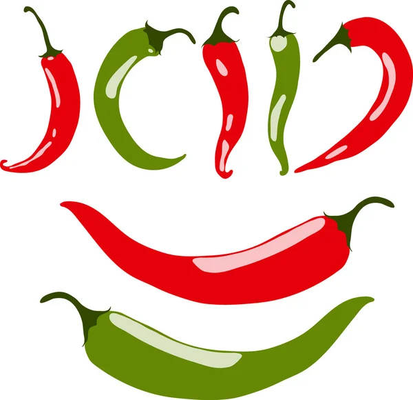 Chilipepertjes, rood en groen, vectorillustratie, geïsoleerd, op witte achtergrond. — Stockvector