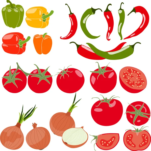 Set of vegetables with peppers, chili pepper, tomatos, onion, vector illustration, isolated, on white background. — Stock Vector