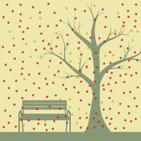 Осеннее дерево и скамейки, падающие кленовые листья, векторная иллюстрация — стоковый вектор