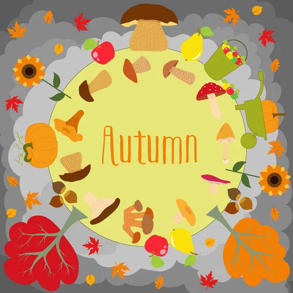Herbstrunde mit niedlichen Blättern, Pilzen, Kürbis und anderen herbstlichen Gestaltungselementen. — Stockvektor