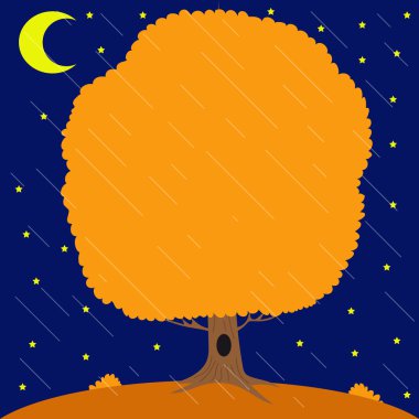 Gece yıldız gökyüzünde ve ay yağmur altında sonbahar ağacı