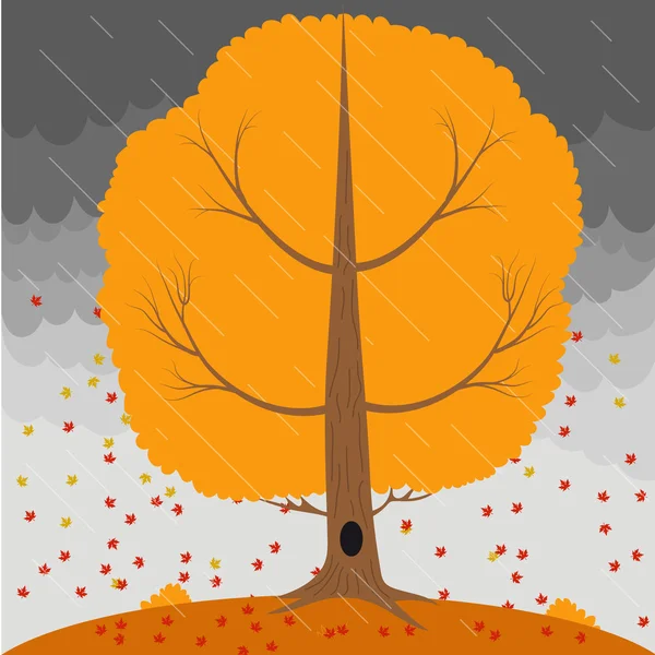 Árbol de otoño en la lluvia y hojas cayendo en el fondo un cielo tormentoso — Archivo Imágenes Vectoriales