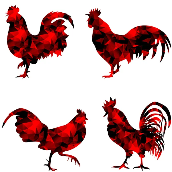 Gallo, gallos poligonales geométricos triangulares, ilustración aislada de la polla sobre fondo blanco — Vector de stock