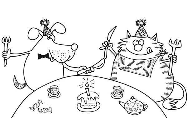 Perros y gatos se sientan en la mesa y beber té con un pastel, celebrando un cumpleaños, tarta con velas, imagen en blanco y negro sobre un fondo transparente — Archivo Imágenes Vectoriales