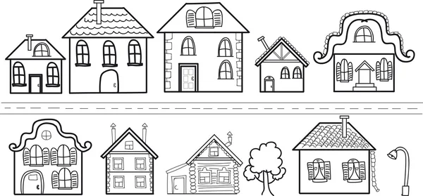 Calle con diferentes casas, un árbol y una linterna, sobre un fondo transparente, dibujo infantil, boceto — Vector de stock