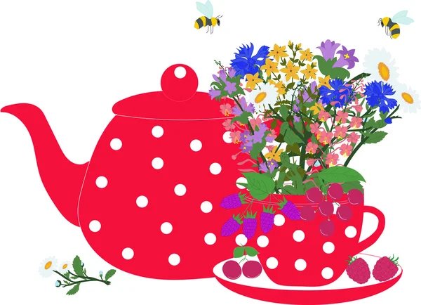 Théière rouge et tasse aux herbes et baies — Image vectorielle