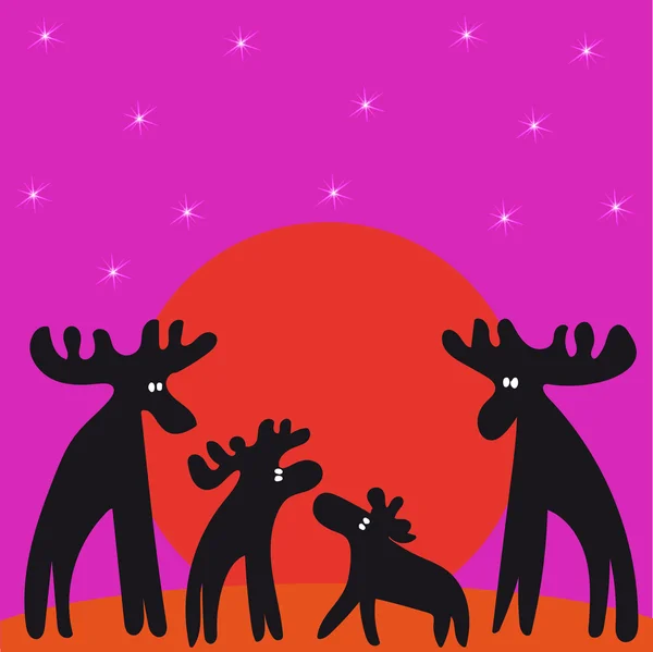 La familia de alces al atardecer mirando las estrellas — Vector de stock