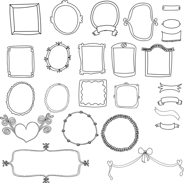 Ensemble d "étiquettes vintage, Dessins à la main et éléments de design, Cadres décorés, bannières et rubans isolés — Image vectorielle