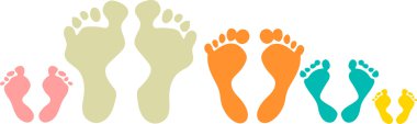 Cute and colorful family foot prints on  white background