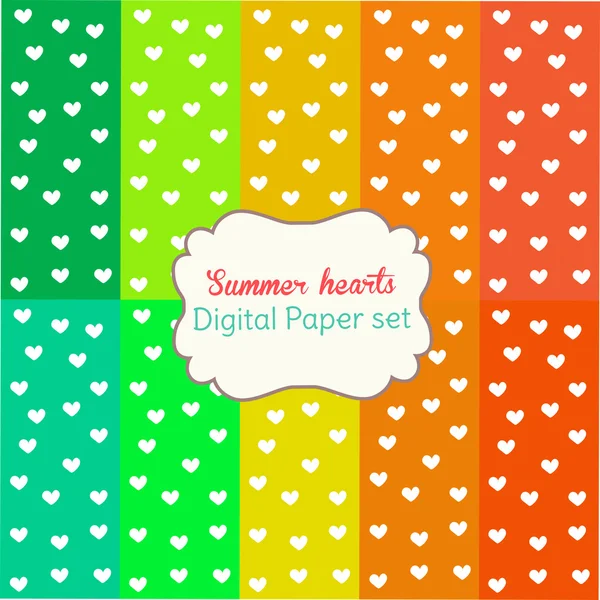 10 digitala papper Rainbow blandade mönster mönstrade bakgrunder sommaren hjärtan, digitala papper set — Stock vektor
