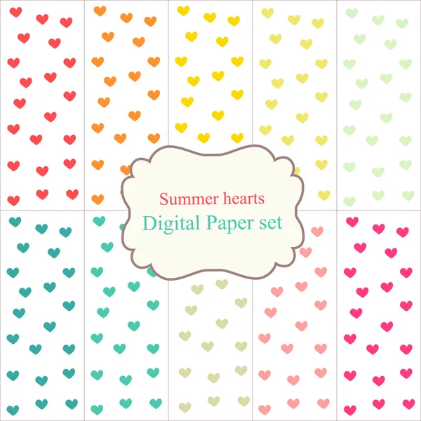 10 digitala papper Rainbow blandade mönster mönstrade bakgrunder sommaren hjärtan, digitala papper set — Stock vektor