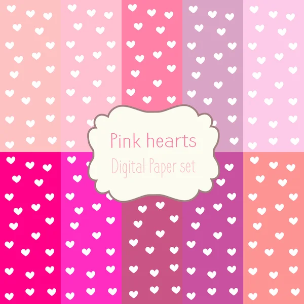 10 digitale Papiere rosa Herzen gemischte Muster gemusterte Hintergründe, digitales Papier-Set — Stockvektor