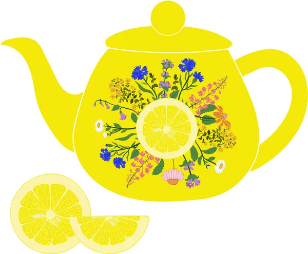 Lemon teapot with herbs and lemon — Stock Vector