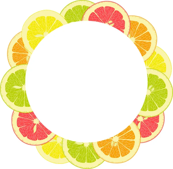 Marco redondo de rodajas de limón, naranja, lima, pomelo sobre un fondo transparente — Vector de stock