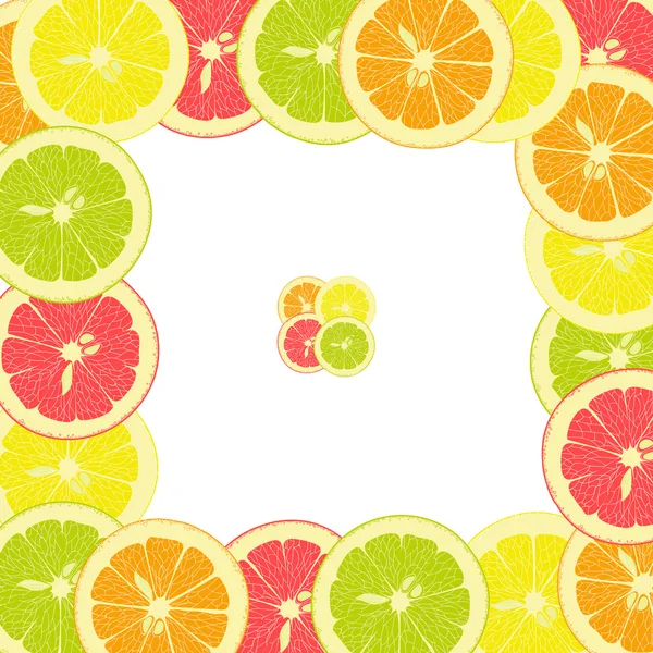 Marco cuadrado de trozos de limón, naranja, lima, pomelo sobre un fondo transparente — Vector de stock