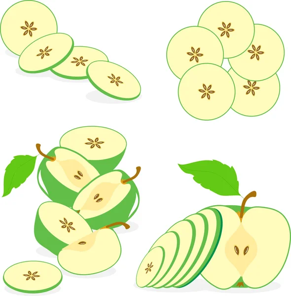 Green apple slices, collection of vector illustrations on a transparent background — Stock Vector