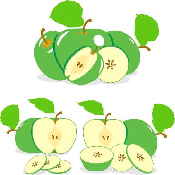 Green apple slices, collection of vector illustrations on a transparent background — Stock Vector