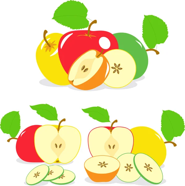 Groene en rode appels segmenten, verzameling van vectorillustraties op een transparante achtergrond — Stockvector