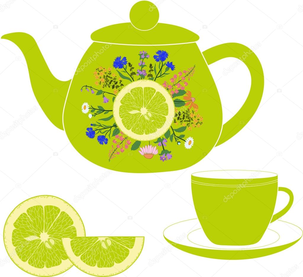 Teapot with cup, herbs and lime on a transparent background