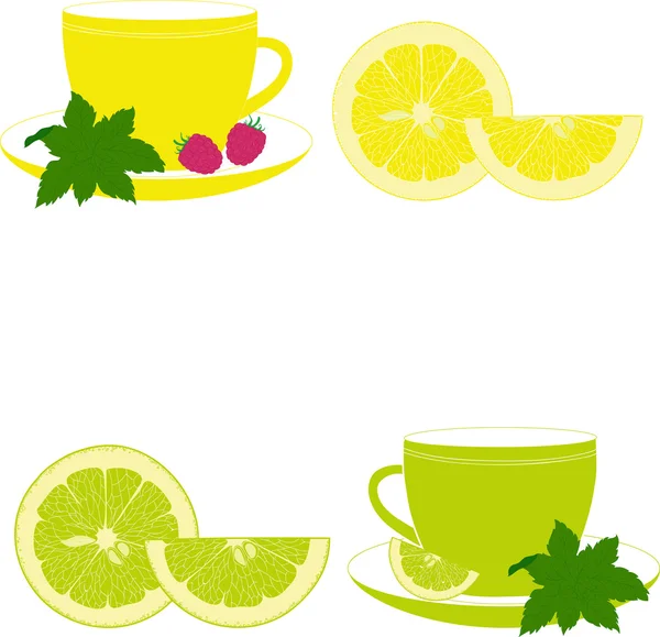 Koppar med mynta, citron, lime och hallon på en transparent bakgrund — Stock vektor