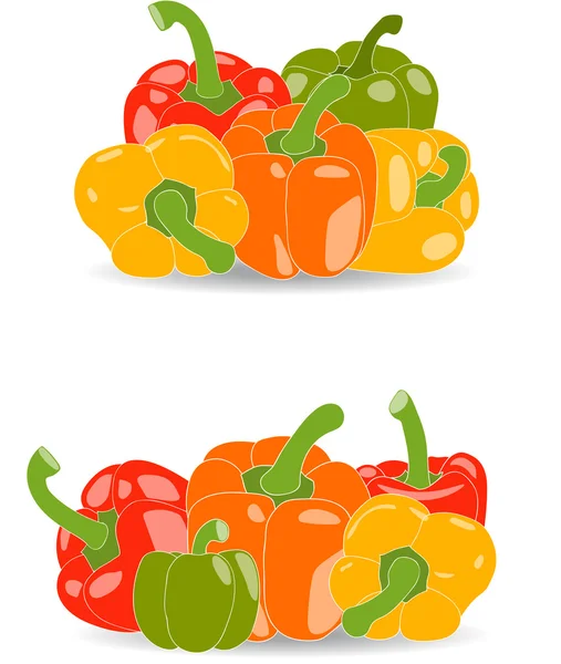 Pimientos, conjunto de pimientos amarillos, rojos, verdes y anaranjados y hojas de perejil, ilustración vectorial sobre fondo transparente — Vector de stock