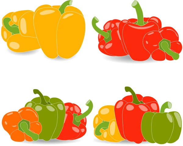 Pimientos, conjunto de pimientos amarillos, rojos, verdes y anaranjados y hojas de perejil, ilustración vectorial sobre fondo transparente — Vector de stock