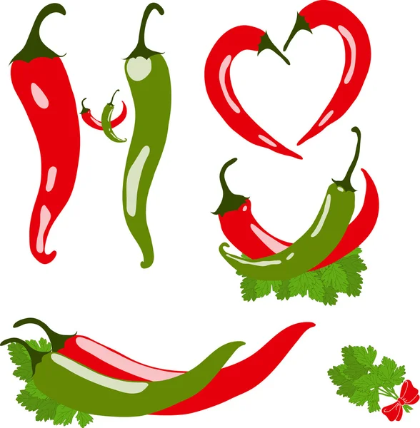 Conjunto de chiles, ilustración vectorial, aislado, sobre fondo blanco — Vector de stock