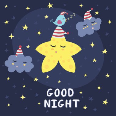 İyi geceler kartı şirin bir yıldız, bulutlar ve bir kuş