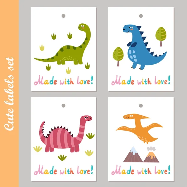 Cute labels set with funny dinosaurs — Stock Vector