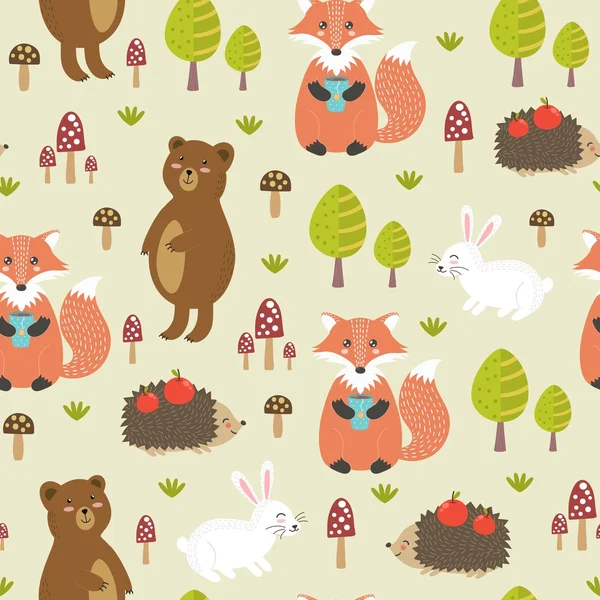 Forest seamless pattern with cute animals — Stock Vector