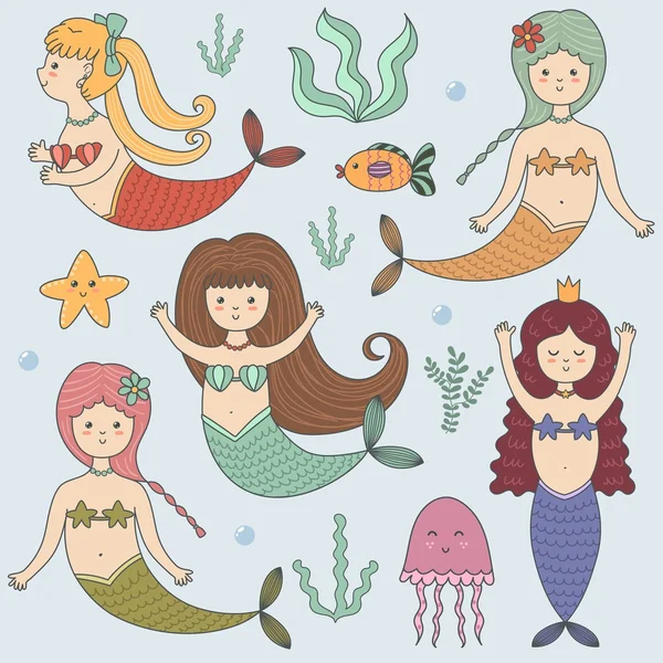 Aranyos mermaids vicces színes szett — Stock Vector