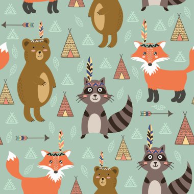 Tribal seamless pattern with cute animals clipart